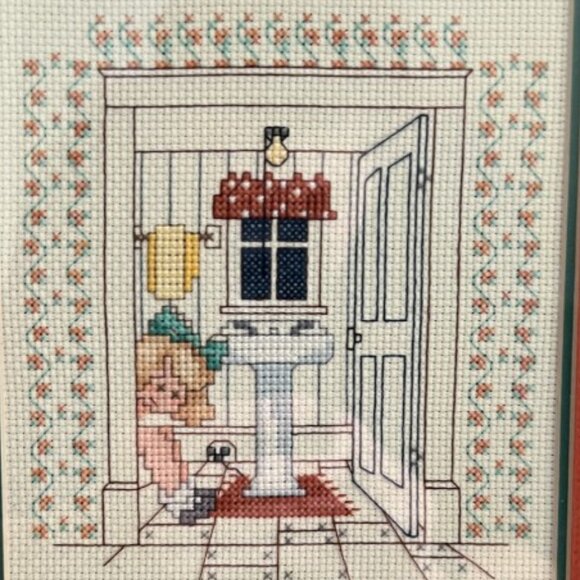 Framed Embroidery Little Girl on Toilet Double Mat Elegant & Humorous 11.25" T - Picture 2 of 14